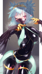  1girl absurdres black_background black_bodysuit black_feathers black_wings blue_hair blush bodysuit bodysuit_under_clothes breasts claws commentary_request commission covered_navel dancer dancer_(final_fantasy) feathers final_fantasy harem_outfit harpy highres indie_virtual_youtuber latex latex_bodysuit lincoro maguro27 mask mixed-language_commentary monster_girl mouth_mask one_eye_closed pixiv_commission pointy_ears pussy_juice red_eyes short_hair short_twintails small_breasts solo steaming_body sweat thigh_strap tiara twintails vibrator_in_thigh_strap virtual_youtuber winged_arms wings 