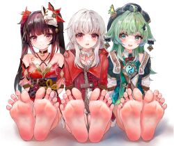  3girls arms_behind_back barefoot bell black_hair blue_eyes blush bound bound_arms breasts buxue_luo_li_tang chest_tattoo clara_(honkai:_star_rail) closed_mouth coat dress feet flat_chest foot_focus fox_mask full_body green_hair green_hat hat highres honkai:_star_rail honkai_(series) huohuo_(honkai:_star_rail) jingle_bell long_bangs long_hair mask multiple_girls obi pink_eyes presenting_foot red_coat red_dress red_eyes sash simple_background sitting small_breasts smile soles sparkle_(honkai:_star_rail) sweater tattoo teeth toes twintails upper_teeth_only white_background white_hair white_sweater  rating:Sensitive score:81 user:danbooru