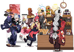  &gt;_&lt; 4girls ahoge akari_(new_year)_(blue_archive) black_footwear black_hakama black_horns black_kimono blonde_hair blue_archive blue_eyes blue_halo blush boots brown_wings cake commentary demon_horns demon_wings food gourmet_research_society_(blue_archive) grey_hair hakama halo haruna_(blue_archive) haruna_(new_year)_(blue_archive) highres horns ideolo izumi_(new_year)_(blue_archive) japanese_clothes junko_(blue_archive) junko_(new_year)_(blue_archive) kimono long_hair long_sleeves multiple_girls obi official_alternate_costume open_mouth purple_kimono red_eyes red_hair red_halo red_kimono sandals sash socks swiss_roll symbol-only_commentary tabi unfinished white_socks wide_sleeves wings yellow_halo yellow_kimono zouri 
