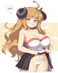  1girl ahoge anila_(granblue_fantasy) black_skirt blonde_hair blunt_bangs blush breasts brown_hair cameltoe cleavage cleft_of_venus clothes_lift commentary curled_horns granblue_fantasy heart highres horns large_breasts lifted_by_self long_hair looking_at_viewer navel panties sifserf skirt skirt_lift smile solo spoken_heart thick_eyebrows two-tone_background underwear white_background white_panties yellow_background yellow_eyes 
