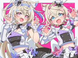  2girls alternate_costume animal_ear_fluff animal_ears asymmetrical_clothes black_skirt blonde_hair blue_eyes blue_hair blue_nails blush breasts claw_pose cleavage cropped_jacket dog_ears fang fuwawa_abyssgard highres hinata_hirune hololive hololive_english hololive_idol_uniform_(bright) large_breasts long_hair looking_at_viewer medium_breasts midriff mococo_abyssgard multicolored_hair multiple_girls pink_background pink_eyes pink_hair pink_nails ribbon short_hair siblings simple_background sisters skin_fang skirt streaked_hair twins two-tone_hair upper_body virtual_youtuber 