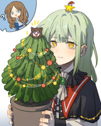  2girls ? absurdres ascot bang_dream! bang_dream!_it&#039;s_mygo!!!!! black_shirt blue_eyes bright_pupils brown_hair chinese_commentary closed_mouth commentary_request green_hair hat highres long_hair long_sleeves looking_at_viewer mini_christmas_tree multiple_girls nagasaki_soyo santa_hat shirt simple_background smile star_(symbol) toyama_kasumi wakaba_mutsumi white_ascot white_background white_pupils yellow_eyes yuan_shuang 