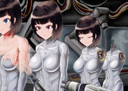  4girls absurdres amputee android arbitrator_(rusty) armless_amputee assembling blue_eyes breasts brown_hair closed_eyes collarbone commentary_request double_amputee factory headless highres mechanical_parts medium_breasts multiple_girls original red_eyes short_hair 