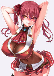  1girl armpits arms_behind_head asanagi ascot bare_shoulders belt black_thighhighs breasts brooch brown_belt cleavage covered_erect_nipples covered_navel cropped_jacket fang frilled_shirt_collar frills gold_trim grey_background hair_ribbon heterochromia highres hololive houshou_marine huge_breasts jacket jewelry leaning_forward leather_belt leotard leotard_under_clothes long_hair looking_at_viewer miniskirt parted_lips pleated_skirt red_ascot red_eyes red_hair red_jacket red_ribbon red_skirt ribbon see-through see-through_cleavage see-through_leotard simple_background skirt sleeveless sleeveless_jacket solo standing thighhighs twintails very_long_hair virtual_youtuber yellow_eyes  rating:Sensitive score:169 user:danbooru