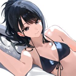  1girl backlighting bikini black_bikini black_eyes black_hair breasts closed_mouth front-tie_bikini_top front-tie_top highres idolmaster idolmaster_shiny_colors kazano_hiori kinjin light_smile looking_at_viewer lying mole mole_under_mouth on_side ponytail small_breasts solo swept_bangs swimsuit 