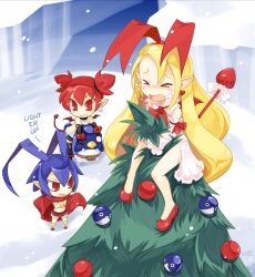  1boy 2girls antenna_hair bat_wings blonde_hair blue_hair booism bow bracelet chibi christmas_ornaments christmas_tree closed_eyes commentary demon_boy demon_girl demon_tail demon_wings detached_sleeves disgaea earrings english_commentary etna_(disgaea) fallen_angel flonne flonne_(fallen_angel) heart heart_earrings jewelry laharl long_hair multiple_girls navel open_mouth pointy_ears prinny red_eyes red_hair red_scarf red_shorts red_wings ribbon scared scarf shorts skull_earrings smile snow snowing tail tail_bow tail_ornament topless_male wings 