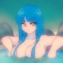  1990s_(style) 1girl anime_coloring bathing blue_eyes blue_hair bluethebone blunt_bangs borrowed_character breasts cleavage collarbone convenient_censoring english_text fake_screenshot film_grain kelda_(akairiot) large_breasts liquid_hair long_hair looking_at_viewer nude onsen original parted_lips partially_submerged retro_artstyle rock smile solo steam subtitled water water_censor  rating:Questionable score:153 user:danbooru