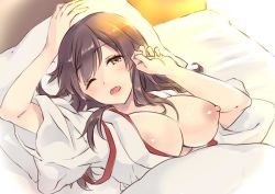 10s 1girl akagi_(kancolle) bed breasts breasts_out brown_eyes brown_hair female_focus kantai_collection large_breasts light long_hair lying morning nipples no_bra one_eye_closed open_mouth otabe_sakura pillow solo waking_up rating:Questionable score:26 user:danbooru