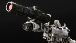  3d absurdres aiming arm_cannon cannon commentary concept_art emblem energy_cannon english_commentary glowing glowing_eyes highres machinery mecha megatron realistic red_eyes rex2017 robot science_fiction smirk transformers upper_body weapon  rating:General score:2 user:danbooru