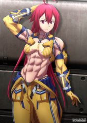  1girl abs armpits arms_up biceps breasts closed_mouth colored_skin ebr-kii highres long_hair looking_at_viewer medium_breasts muscular muscular_female phantasy_star phantasy_star_online_2 red_eyes red_hair stomach underboob underwear white_skin  rating:Explicit score:13 user:byoma1994