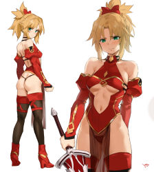 1girl absurdres adapted_costume ass back backless_outfit bare_shoulders black_panties black_thighhighs blonde_hair blush boots bow braid breasts center_opening clarent_(fate) closed_mouth detached_sleeves embarrassed fate/apocrypha fate_(series) french_braid full_body green_eyes hair_bow halterneck high_heel_boots high_heels highleg highres legs long_hair looking_at_viewer looking_back mordred_(fate) mordred_(fate/apocrypha) multiple_views navel panties pelvic_curtain ponytail red_bow red_footwear sidelocks simple_background small_breasts sword thighhighs thighs thong underboob underwear weapon white_background yd_(orange_maru) rating:Sensitive score:149 user:danbooru