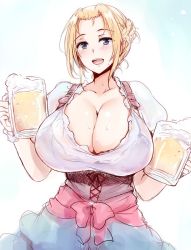 1girl alcohol beer beer_mug blonde_hair blue_dress blue_eyes bow breasts cleavage collarbone commentary_request corset cup dirndl dress german_clothes goban huge_breasts looking_at_viewer mole mole_under_eye mug oktoberfest open_mouth original puffy_short_sleeves puffy_sleeves red_sash sash see-through shirt short_sleeves smile solo sweat underbust waist_bow wet wet_clothes wet_shirt rating:Questionable score:89 user:danbooru
