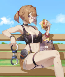  1girl :t absurdres bag bare_arms bare_legs bare_shoulders bench black_tank_top blue_sky breasts brown_hair burger cleavage cloud commentary_request commission crop_top cuffs day feet_out_of_frame food girls&#039;_frontline glasses grizzly_mkv_(girls&#039;_frontline) gun hand_up handcuffs handgun highres holding holding_food holding_handcuffs large_breasts looking_at_viewer midriff navel no.1_machine ponytail purple_eyes red-framed_eyewear second-party_source short_hair short_shorts shorts sitting sky solo stomach tank_top thigh_strap thighs watch weapon wristwatch yellow_shorts 