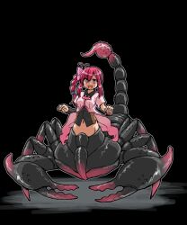  1girl arthropod_girl black_background black_shirt braid breasts bright_pupils commentary_request cookie_(touhou) full_body high_side_ponytail kasuga_(kasuga39) long_hair looking_at_viewer monster_girl navel open_mouth pink_eyes pink_hair pink_shirt sasorihime_(cookie) scorpion_girl shirt short_sleeves side_braid single_braid small_breasts smile solo standing taur white_pupils 