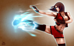 16:10 abs belt blue_eyes breasts_squeezed_together breasts brown_hair cleavage electricity fighting_stance fingerless_gloves gloves glowing glowing_eyes highres ivan_flores kicking lightening lips muscular short_hair short_shorts shorts sweat teeth thighhighs wallpaper rating:Questionable score:17 user:danbooru