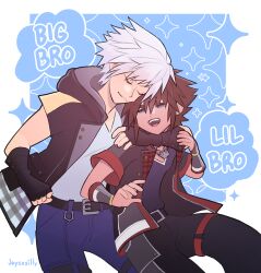  2boys arm_around_neck artist_name belt black_belt black_gloves black_jacket black_pants blue_background blue_eyes blue_pants blue_shirt border brown_hair chain_necklace closed_eyes closed_mouth crown_necklace english_text fingerless_gloves gloves highres jacket jaysosillyart jewelry kingdom_hearts kingdom_hearts_iii multiple_boys necklace open_mouth outside_border pants pocket riku_(kingdom_hearts) sharp_teeth shirt short_hair short_sleeves sora_(kingdom_hearts) sparkle_background teeth tongue upper_teeth_only white_border white_hair wide_sleeves 