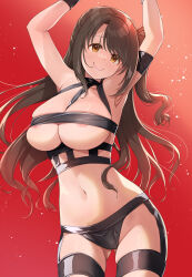  1girl areola_slip arm_strap armpits arms_up blush bondage_outfit breasts brown_eyes brown_hair gluteal_fold groin highres hot_limit idolmaster idolmaster_cinderella_girls large_breasts long_hair mk_(mod0) navel one_side_up revealing_clothes shimamura_uzuki simple_background smile solo t.m.revolution thighs underboob wristband 
