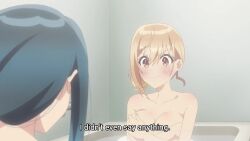  2girls animated anime_screenshot bath bathing bathroom bathtub blue_hair blush breast_awe breast_envy breasts brown_eyes brown_hair covering_breasts covering_privates fang floating_breasts groping_motion hair_up imminent_breast_grab indoors large_breasts mole mole_under_eye multiple_girls nude out-of-frame_censoring partially_submerged seiyuu_radio_no_uraomote short_hair sitting small_breasts sound subtitled talking utatane_yasumi video water wet wet_hair yellow_eyes yuri yuugure_yuuhi  rating:Questionable score:23 user:Qwertyuiop999