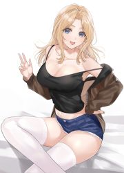 1girl black_tank_top blonde_hair blue_eyes breasts brown_jacket cleavage collarbone crossed_legs denim denim_shorts girls_und_panzer hand_on_own_hip highres jacket kay_(girls_und_panzer) large_breasts long_hair looking_at_viewer mexif midriff navel off_shoulder open_mouth parted_bangs short_shorts shorts simple_background sitting solo strap_slip tank_top thighhighs w white_background white_thighhighs zipper rating:Sensitive score:23 user:danbooru