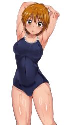  1girl arms_behind_back blue_one-piece_swimsuit breasts brown_eyes brown_hair cameltoe competition_school_swimsuit covered_navel cowboy_shot futari_wa_precure highres large_breasts looking_at_viewer maki_ikazuya misumi_nagisa one-piece_swimsuit precure school_swimsuit short_hair simple_background solo swimsuit wet wet_clothes wet_swimsuit white_background 