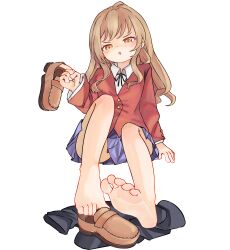  1girl aisaka_taiga angry bare_legs barefoot black_thighhighs blush chaosexceed commentary english_commentary feet highres holding_shoe long_hair mixed-language_commentary open_mouth paid_reward_available pleated_skirt school_uniform shoes simple_background sitting skirt soles thighhighs toenails toes toradora! tsundere unworn_shoes unworn_thighhighs v-shaped_eyebrows white_background  rating:Sensitive score:53 user:danbooru