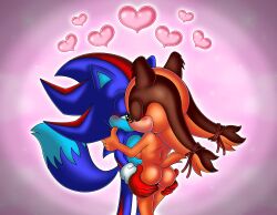  1boy 1girl absurdres ass ass_grab back bare_back blue_fur blue_hair blue_skin blush breasts brown_fur brown_hair closed_eyes colored_skin couple dark_skin eyelashes from_behind furry furry_with_furry grabbing_another&#039;s_ass green_eyes groping hair_tie half-closed_eyes hands_on_ass heart hetero highres hug huge_ass kiss large_breasts loli long_eyelashes marnic nude orange_fur orange_hair orange_skin original red_fur red_hair red_skin sega sideboob sonic_(series) sonic_boom_(series) sticks_the_badger tail twintails upper_body 