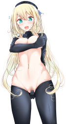 10s 1girl :d absurdres alternate_costume atago_(kancolle) beret black_gloves black_hat black_legwear blonde_hair blush breast_hold breasts cleavage covering_crotch covering_privates cowboy_shot detached_collar elbow_gloves female_pubic_hair from_below gloves green_eyes groin hat highres huge_filesize kantai_collection large_breasts long_hair looking_at_viewer navel nontraditional_school_swimsuit oouso open_mouth pubic_hair reverse_outfit reverse_school_swimsuit reverse_swimsuit school_swimsuit simple_background smile solo sweat swimsuit topless very_long_hair white_background rating:Questionable score:51 user:danbooru