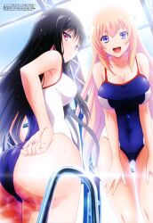  2girls adjusting_clothes adjusting_swimsuit ass black_hair blonde_hair blue_eyes breasts closed_mouth competition_swimsuit happy highres horikita_suzune ichinose_honami_(youjitsu) large_breasts long_hair looking_at_viewer looking_back medium_breasts multiple_girls official_art one-piece_swimsuit open_clothes red_eyes school_swimsuit serious smile swimsuit thighs tongue very_long_hair window youkoso_jitsuryoku_shijou_shugi_no_kyoushitsu_e 