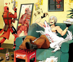 10s 3boys amaterasu_(ookami) ammunition animal bad_id bad_pixiv_id beer_crate boots bottle brand_name_imitation bullet bullet_hole capcom closed_eyes coat coca-cola crate crossover dante_(devil_may_cry) deadpool deadpool_(series) devil_may_cry_(series) eating ebony_(devil_may_cry) food gun handgun handgun_cartridge heart ivory_(devil_may_cry) long_coat m1911 male_focus marvel marvel_vs._capcom marvel_vs._capcom_3 mirror multiple_boys ookami_(game) open_mouth pistol_cartridge pizza poster_(object) revision ryu_(street_fighter) sen_nai smile spider-man spider-man_(series) street_fighter thor_(marvel) topless_male trench_coat upside-down weapon white_hair wolf x-23 x-men
