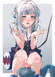 1girl absurdres blue_dress blue_hair blush bottomless cleft_of_venus collar cum cum_in_mouth cum_in_pussy cum_on_hands cum_on_tongue dress fins fish_tail gawr_gura gawr_gura_(casual) highres hololive hololive_english leash looking_at_viewer no_pants pussy shark_girl shark_tail shirt slippers squatting tail tears tongue tongue_out two_side_up virtual_youtuber white_hair white_shirt yuukauta rating:Explicit score:178 user:justthistime
