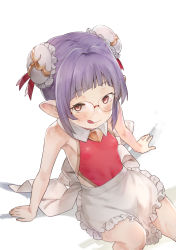  1girl apron arm_support bakushiishi_at blush breasts bun_cover covered_navel double_bun dress elmelaura from_above glasses granblue_fantasy hair_bun hair_intakes harvin leaning_back licking_lips looking_at_viewer pointy_ears purple_hair red_dress red_eyes shadow short_hair simple_background sitting small_breasts solo tongue tongue_out white_background 