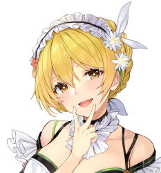  1girl :d arm_between_breasts between_breasts blonde_hair breasts close-up commentary_request dreamlight2000 flower flower_knight_girl hair_flower hair_ornament maid_headdress open_mouth short_hair simple_background smile solo suiren_(flower_knight_girl) symbol-shaped_pupils white_background yellow_eyes 