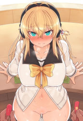 1girl antenna_hair arm_support beads blonde_hair blush breasts cleavage clothes_pull collarbone cum cumdrip day desk egg_vibrator green_eyes hair_beads hair_between_eyes hair_ornament headphones highres indoors large_breasts long_hair long_sleeves looking_at_viewer navel null_(nyanpyoun) sailor_collar school_uniform sex_toy solo_focus tsurumaki_maki vibrator voiceroid wooden_floor rating:Explicit score:57 user:danbooru
