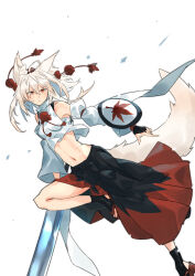  1girl absurdres animal_ears arm_shield bare_shoulders black_skirt chest_sarashi closed_mouth commentary_request crop_top cropped_shirt detached_sleeves foot_out_of_frame grey_hair grey_tail hair_between_eyes hat highres holding holding_sword holding_weapon inubashiri_momiji jumping kakaricho_dairi leaf leg_up long_hair long_sleeves looking_to_the_side maple_leaf midriff navel orange_eyes pom_pom_(clothes) red_footwear red_ribbon red_skirt ribbon sandals sarashi serious shield shirt simple_background skirt sleeve_garter sleeveless sleeveless_shirt solo sword tail tokin_hat touhou turtleneck weapon white_background white_shirt white_sleeves 