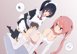  1boy 2girls age_difference all_fours anilingus ass_cutout blue_eyes closed_eyes clothing_cutout ekko_(pixiv55368152) elbow_gloves face_in_ass femdom garter_straps girl_on_top gloves highres lingerie maid multiple_girls open_mouth oral pink_hair red_eyes shota sitting sitting_on_person thighhighs twintails underwear white_thighhighs  rating:Explicit score:60 user:BertisaBert