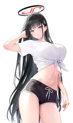  1girl absurdres arm_up black_hair black_halo black_shorts blue_archive breasts cowboy_shot dolphin_shorts halo highres kottungyang large_breasts long_hair looking_at_viewer navel parted_lips red_eyes rio_(blue_archive) shirt short_shorts shorts simple_background solo tied_shirt very_long_hair white_background white_shirt  rating:Sensitive score:20 user:danbooru
