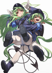  2girls :d armband black_footwear black_hat blue_archive blue_armband boots commentary_request demon_tail fu-ta full_body gloves green_hair green_halo grey_background halo hat hikari_(blue_archive) long_hair looking_at_viewer multiple_girls nozomi_(blue_archive) open_mouth panties panties_under_pantyhose pantyhose pointy_ears sidelocks simple_background smile striped_clothes striped_panties tail teeth twintails underwear upper_teeth_only white_gloves white_pantyhose yellow_eyes 