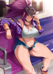  1girl absurdres akali alternate_body_size black_panties blue_eyes bracelet breasts cleavage commission crop_top cropped_jacket curvy denim denim_shorts hat highleg highleg_panties highres huge_breasts jacket jewelry k/da_(league_of_legends) k/da_akali koyap large_breasts league_of_legends long_hair looking_at_viewer midriff navel official_alternate_costume open_clothes open_fly open_jacket panties plump ponytail purple_hair short_shorts shorts sitting smile solo sports_bra thick_thighs thighs train_interior underwear white_sports_bra  rating:Questionable score:21 user:danbooru