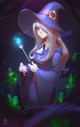  1girl brown_eyes closed_mouth dress hair_over_one_eye hat highres little_witch_academia long_hair purple_background purple_hair soemy solo sucy_manbavaran wide_sleeves witch  rating:Sensitive score:8 user:melissa28