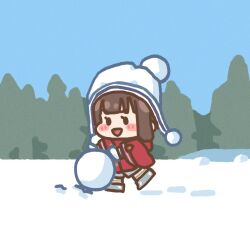  1girl :d animification beanie blue_background blush_stickers brown_hair chibi chibi_only commentary earflap_beanie hat jacket nirei_nozomi open_mouth pom_pom_(clothes) pom_pom_beanie real_life red_jacket short_hair sidelocks smile snow snowball solid_oval_eyes solo sunkeun winter_clothes 