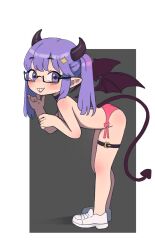  1girl ass bare_legs bent_over black_background black_choker black_horns black_tail black_wings blush body_freckles choker covering_privates covering_breasts demon_girl demon_horns demon_tail demon_wings female_focus freckles from_side full_body glasses hair_ornament highres horns leaning_forward loli looking_at_viewer matching_hair/eyes medium_hair original panties pink_panties pointy_ears purple_eyes purple_hair qtkat rectangular_eyewear shoes sidelocks simple_background smile sneakers solo standing tail teeth thigh_strap thighs topless twintails underwear underwear_only white_footwear wings  rating:Sensitive score:89 user:MonsieurCinq