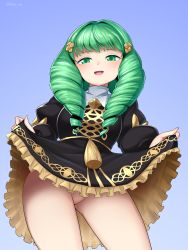  1girl :d absurdres artist_name black_dress blade_ride blush clothes_lift dress dress_lift drill_hair eyebrows eyebrows_hidden_by_hair female_focus fire_emblem fire_emblem:_three_houses flayn_(fire_emblem) frilled_dress frills from_below garreg_mach_monastery_uniform gradient_background green_eyes green_hair hair_ornament half-closed_eyes highres lifted_by_self long_hair long_sleeves looking_at_viewer matching_hair/eyes nintendo no_panties open_mouth pussy smile solo standing sweatdrop thighs uncensored uniform  rating:Explicit score:76 user:ImWastingMyLife