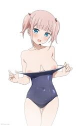  1girl absurdres armpit_crease bare_shoulders blue_eyes blue_one-piece_swimsuit blunt_bangs blush breasts clothes_pull collarbone competition_school_swimsuit coro_fae covered_navel cowboy_shot fujiwara_moeha furrowed_brow gluteal_fold head_tilt highres kaguya-sama_wa_kokurasetai_~tensai-tachi_no_renai_zunousen~ large_breasts legs_together looking_at_viewer nipples one-piece_swimsuit one-piece_swimsuit_pull open_mouth paid_reward_available pink_hair pulled_by_self school_swimsuit short_hair short_twintails sidelocks simple_background smile solo standing strap_pull swimsuit thigh_gap thighs twintails twitter_username wet wet_clothes wet_swimsuit white_background 