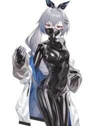  1girl black_bodysuit bodysuit breasts choker cloth_gag commentary_request crotch_zipper earrings face_mask gag gagged ginklaga grey_eyes grey_hair hair_intakes hair_ribbon highres honkai:_star_rail honkai_(series) improvised_gag jacket jewelry latex latex_bodysuit long_hair looking_at_viewer mask off_shoulder open_clothes open_jacket over_the_nose_gag ponytail ribbon shiny_clothes silver_wolf_(honkai:_star_rail) skin_tight small_breasts solo white_background wrist_cuffs zipper 