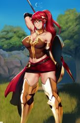 1girl absurdres armlet armor blue_sky boots breasts cleavage collar cowboy cowboy_western female_focus grass green_theme high_ponytail highres jlullaby long_hair looking_at_viewer medium_breasts microskirt midriff no_bra outdoors polearm pyrrha_nikos red_hair red_skirt red_theme rwby shield shot skirt sky smile solo spear standing text_focus thigh_boots thighhighs tiara tree weapon western zettai_ryouiki rating:Questionable score:185 user:DarthDaniel96