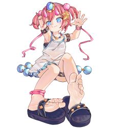  1girl anklet armlet barefoot blue_eyes blush chaosexceed dress feet foot_focus footprints full_body hair_bobbles hair_ornament highres jewelry legs loli looking_at_viewer necklace no_socks original red_hair sandals short_dress smile soles solo star_(symbol) thighlet toes twintails white_background 