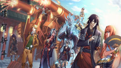  3boys 5girls architecture belt black_gloves black_hair black_horns blue_fire blue_sky boots breasts brown_footwear brown_suit cannon character_request cleavage day earrings east_asian_architecture fire forever_7th_capital formal gears gloves green_vest hand_fan highres horns jewelry katana lantern long_hair looking_at_another multicolored_hair multiple_boys multiple_girls outdoors paper_fan paper_lantern pouch red_hair sakimeikun-daze sarashi sky standing suit sword tassel thighhighs twintails two-tone_hair vest weapon white_gloves white_hair 