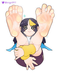  1girl against_fourth_wall against_glass black_eyes black_hair bogo covering_crotch covering_privates feet feet_against_glass leg_grab long_hair looking_at_viewer shirt shorts soles toes white_shirt 