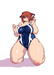  1girl animal_ear_fluff animal_ears bad_id bad_pixiv_id blue_eyes blue_one-piece_swimsuit blush breasts cameltoe covered_navel drop_shadow highres kjmvideo kneeling large_breasts looking_at_viewer one-piece_swimsuit plump red_hair short_hair simple_background swimsuit thick_eyebrows thick_thighs thighs white_background 