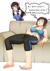 2girls :o ^^^ absurdres barefoot blue_nails bodysuit breasts brown_eyes brown_hair capri_pants couch covering_own_mouth curvy d.va_(overwatch) facial_mark feet glasses hair_bun hair_ornament hair_stick hand_on_own_stomach headphones highres large_breasts long_hair looking_at_another mei_(overwatch) midriff multiple_girls nail_polish overwatch overwatch_1 pants single_hair_bun slouching streamingsun tank_top toenail_polish toenails toes translation_request whisker_markings yoga_pants yuri rating:Sensitive score:28 user:danbooru